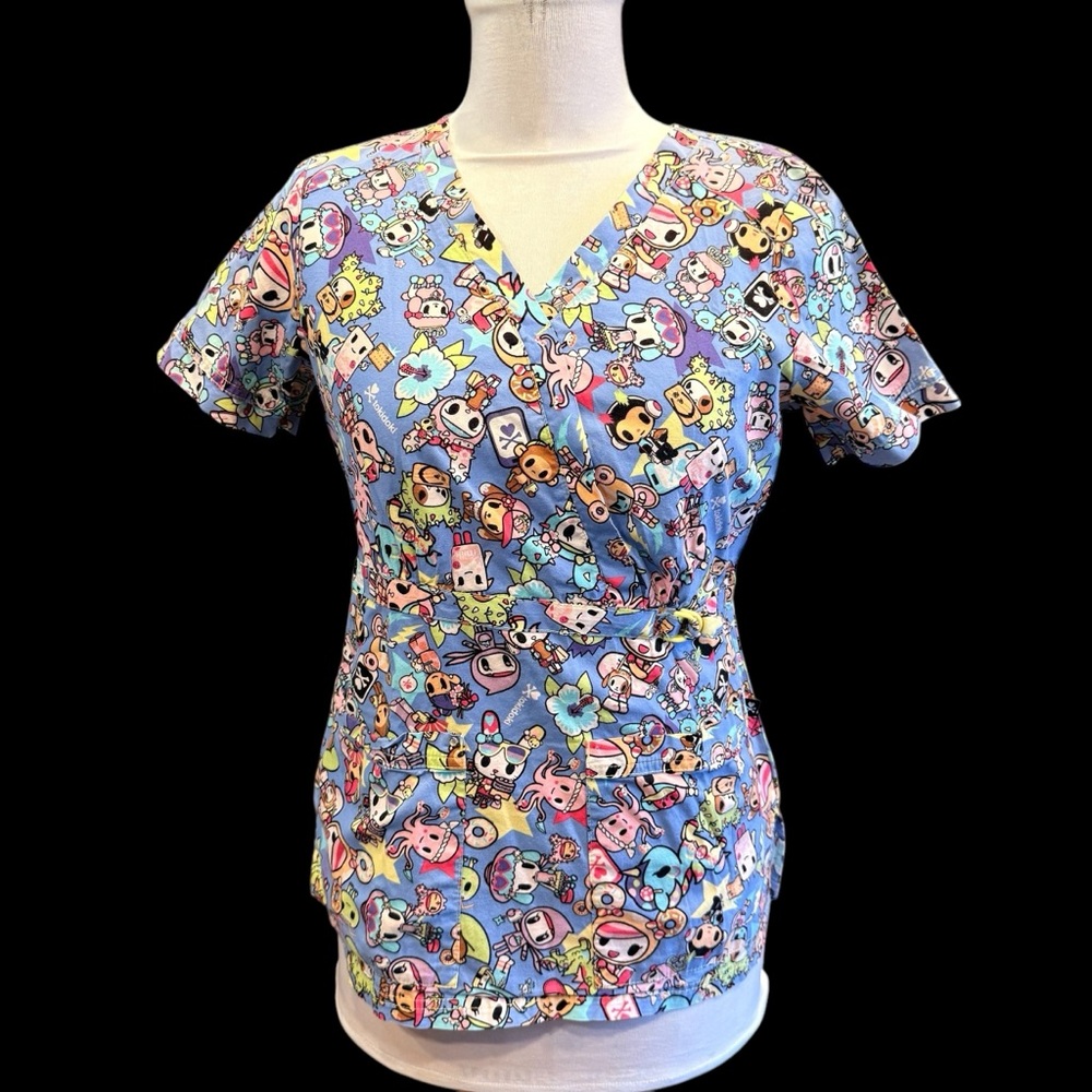 TOKIDOKI Japan Theme Blue Scrub Top, Sz XS